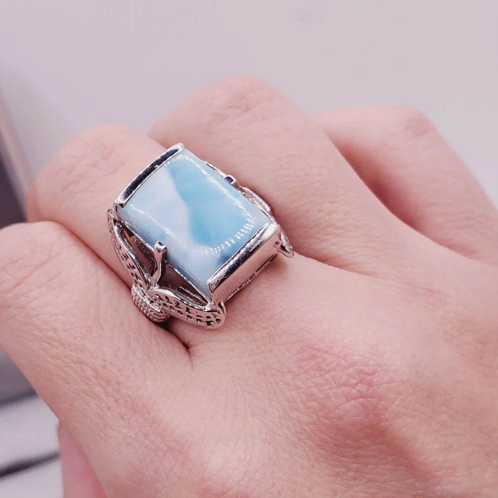 925 Sterling Silver Genuine Rectangle Blue Larimar Statement Ring